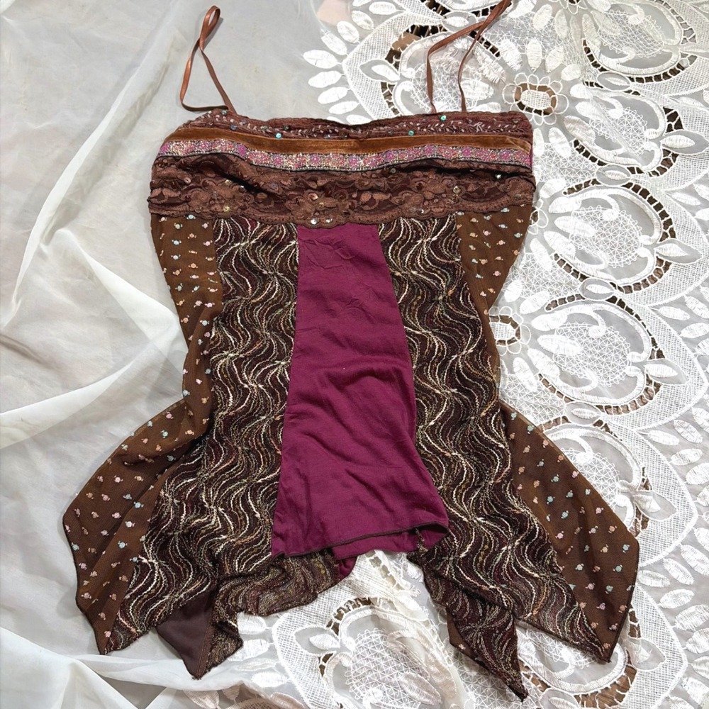 Rare Whimsical Y2K Fairycore Patchwork Cami Top Brown Plum Velvet Lace Sequin M